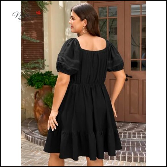 Polyester V Neck Mini Dress with Smocked Bodice and Puff Sleeves - Picture 6 of 7